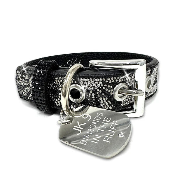 JK Diamonds - Small Hematite and Silver Flower Power Dog Collar