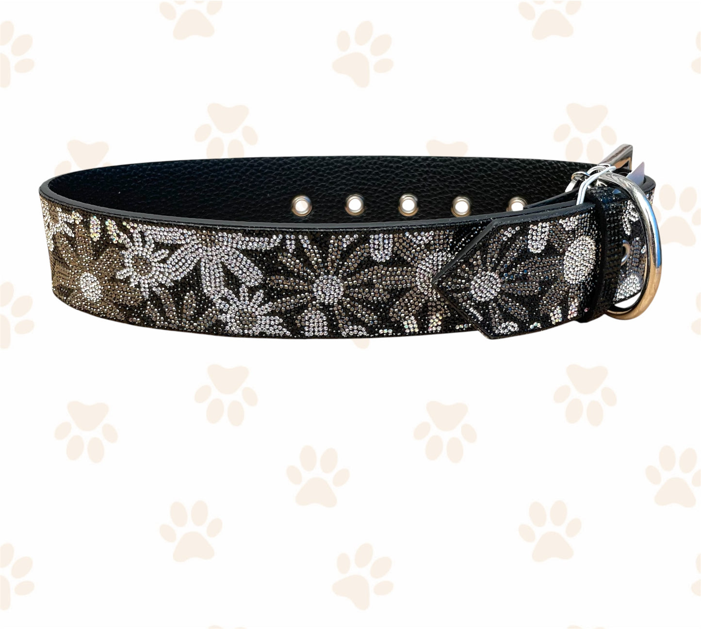JK Diamonds - Large Hematite and Silver Flower Power Crystal Dog Collar