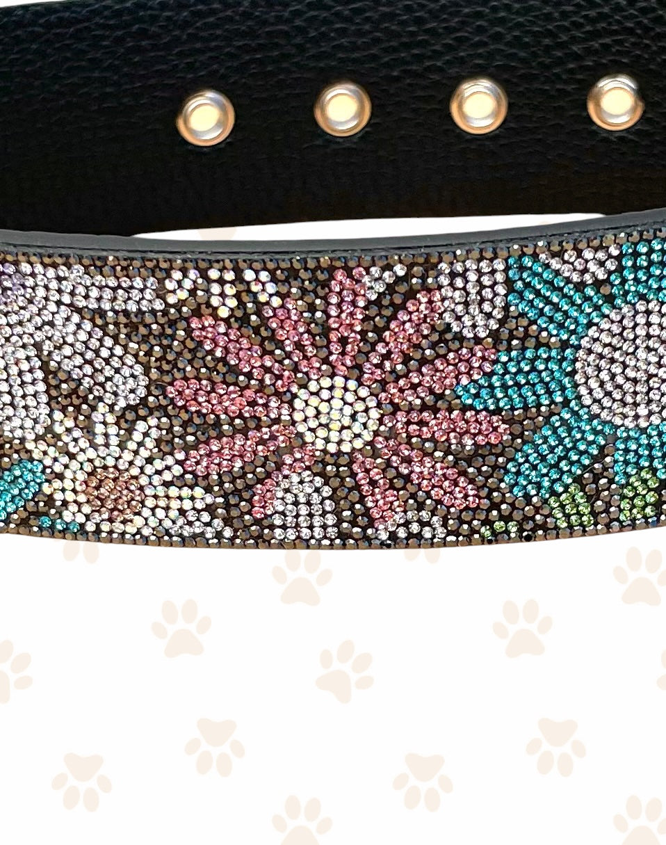 JK Diamonds - Large Rainbow Flower Power Crystal Dog Collar