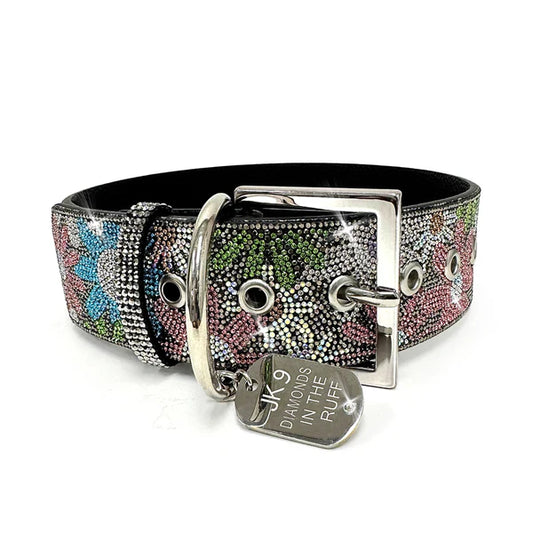 JK Diamonds - Large Rainbow Flower Power Crystal Dog Collar