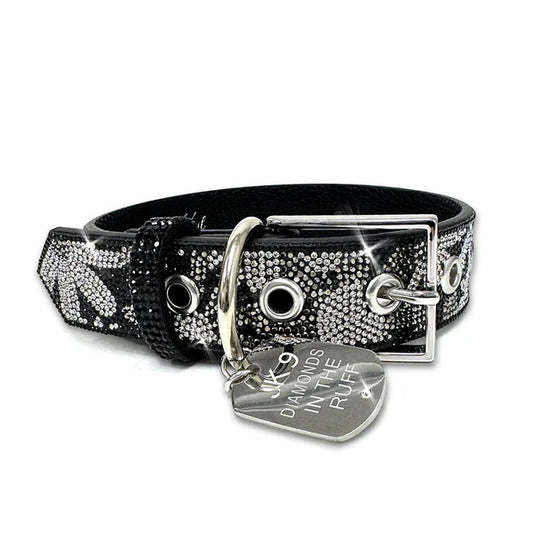 JK Diamonds - Medium Hematite & Silver Flower Power Dog Collar