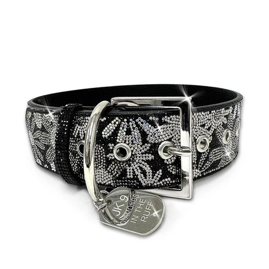 JK Diamonds - Large Hematite and Silver Flower Power Dog Collar